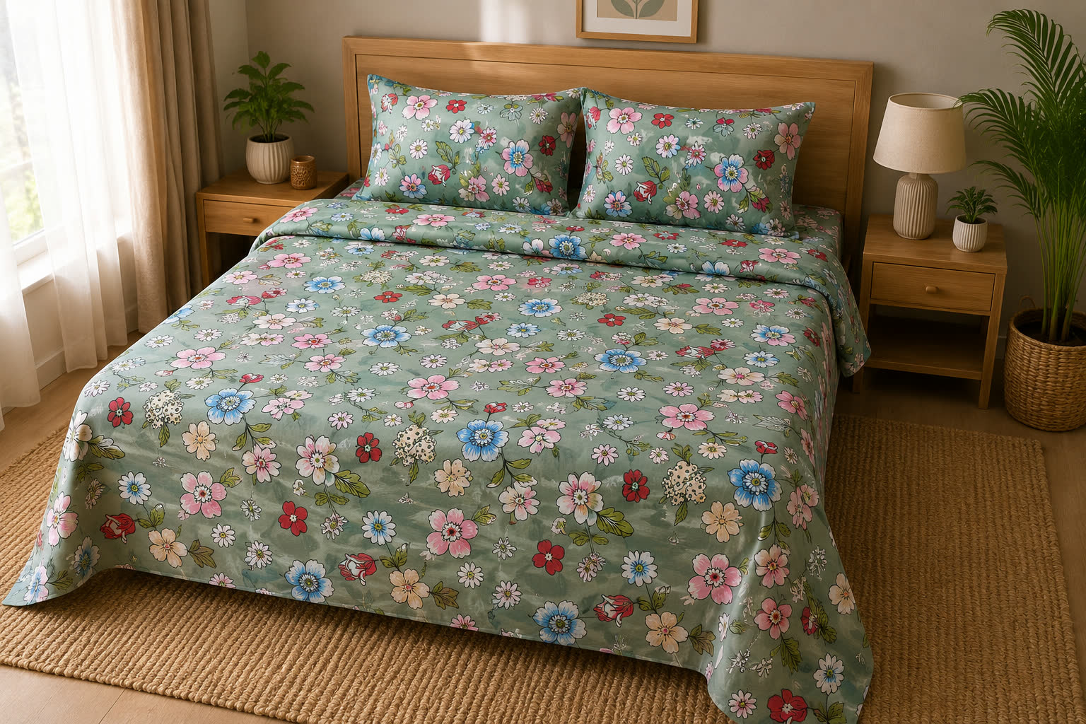 Garden Bloom Sage Green bedsheet set in a bedroom