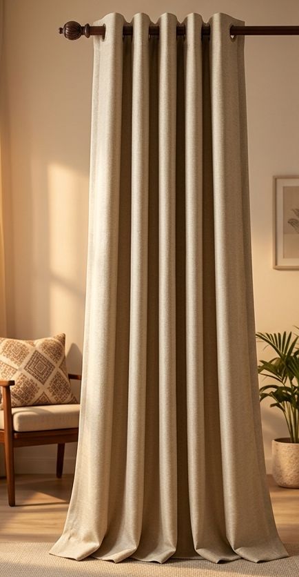 A thick, heavy beige curtain as shown in a product photo